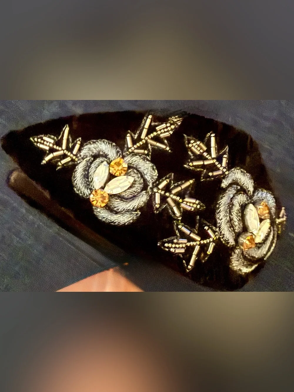 J Peterman Embellished Black Velvet Headband with Beaded Floral Accents